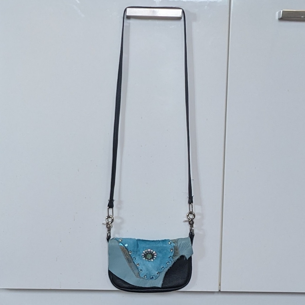 Vintage Stagecoach Western Leather Mini Festival Crossbody Bag Turquoise & Black
